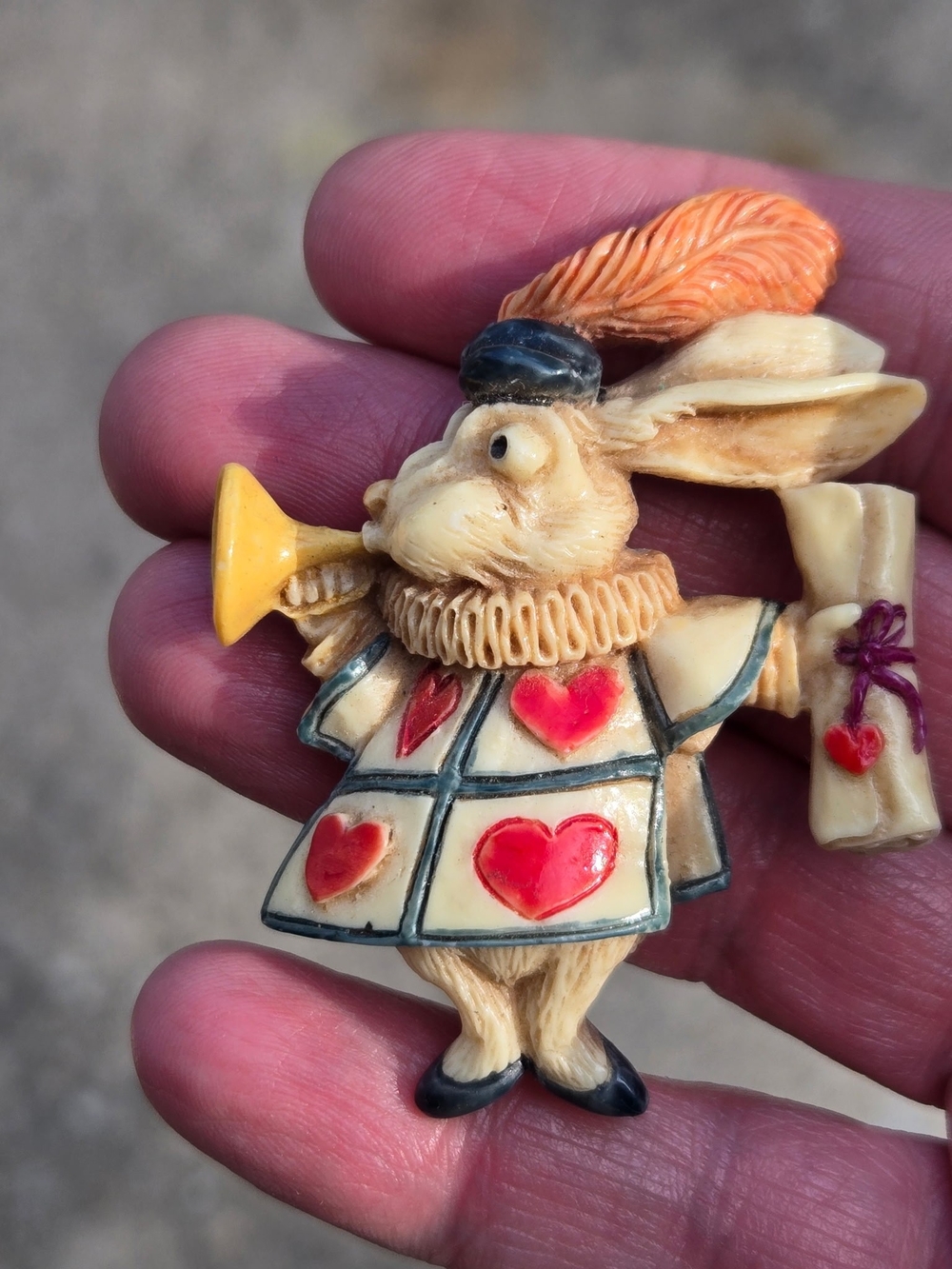 Vtg. Alice in Wonderland white rabbit resin pin, signed Ralph Massey.